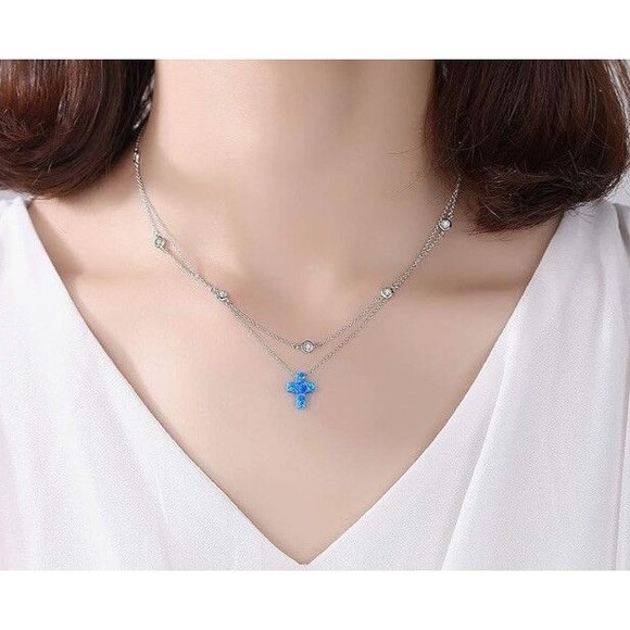 Sterling Silver Double Layer Opal Cross Necklace Bezel Set CZ Crystals Turkey - Picture 3 of 14